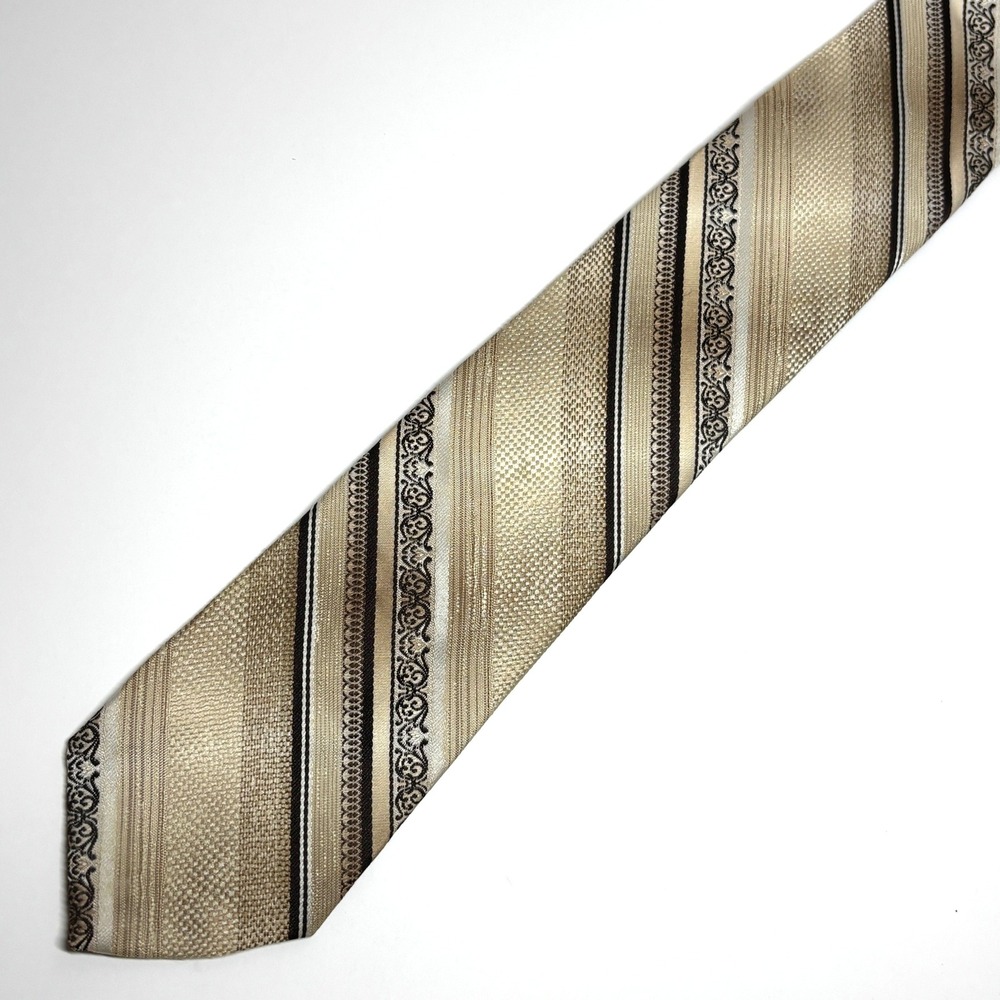 VTG Del Cino Necktie Mens OS Champagne Tan Brown Baroque Stripe Filigree Wedding